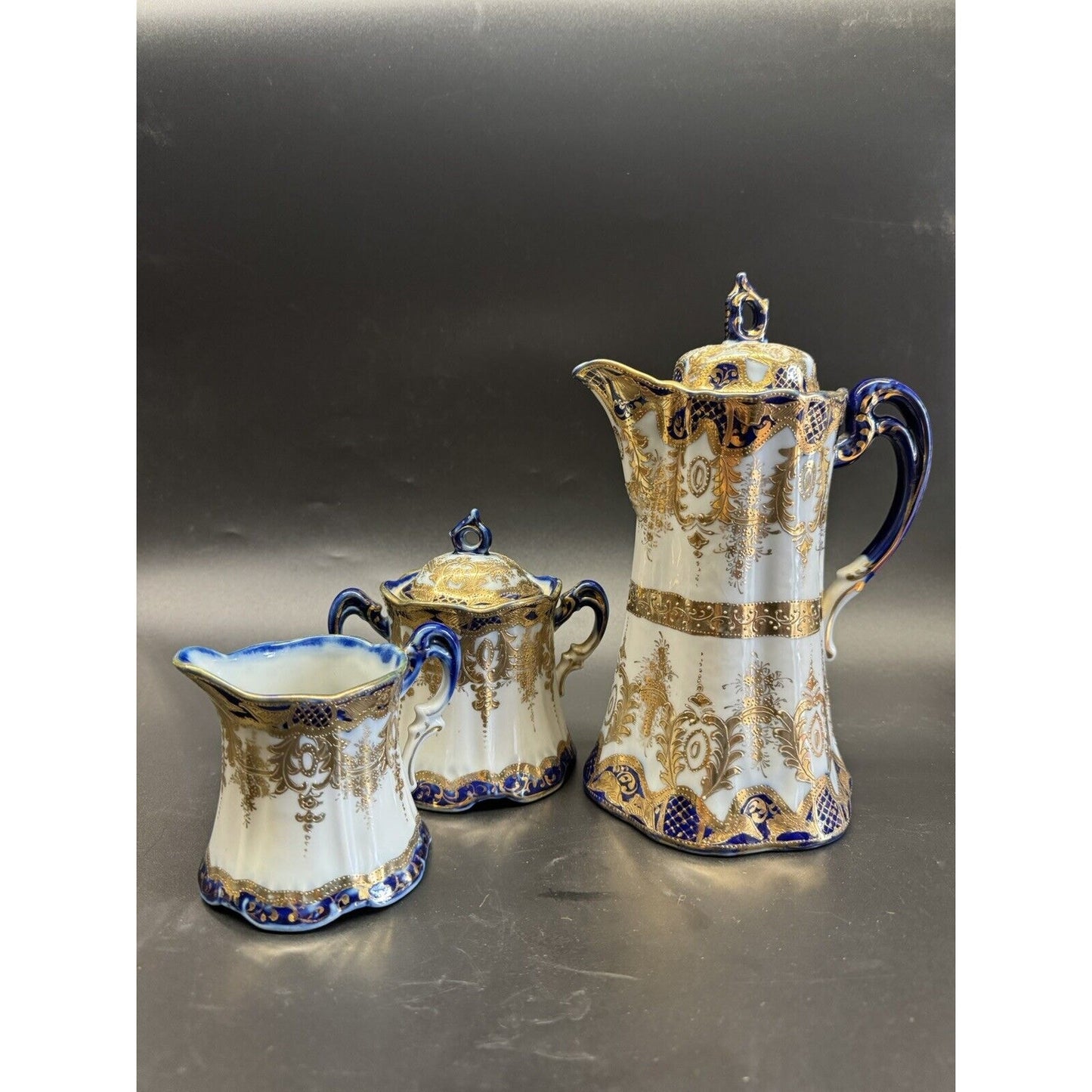 Antique Nippon Teapot With Sugar Bowl & Creamer Cobalt Blue w/ White & Gilding