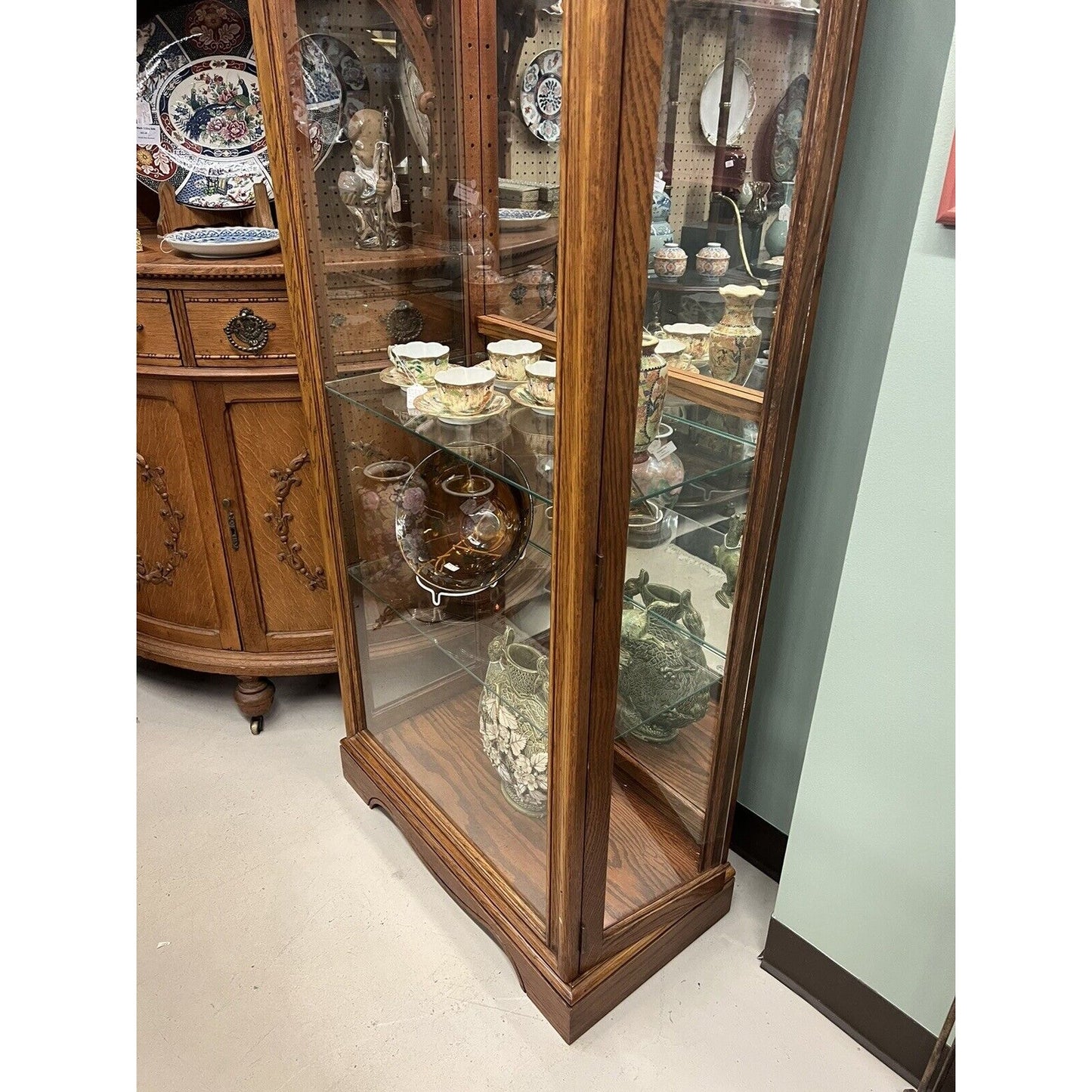 Vintage Philip Reinisch Lighted Oak Curio Cabinet Solid Wood Glass Shelves