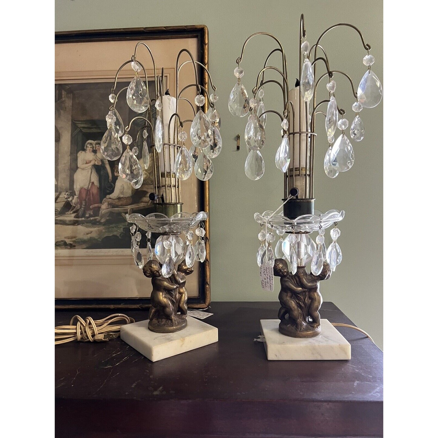 Pair Of Crystal Teardrop Marble Base With Cherubs Lamps