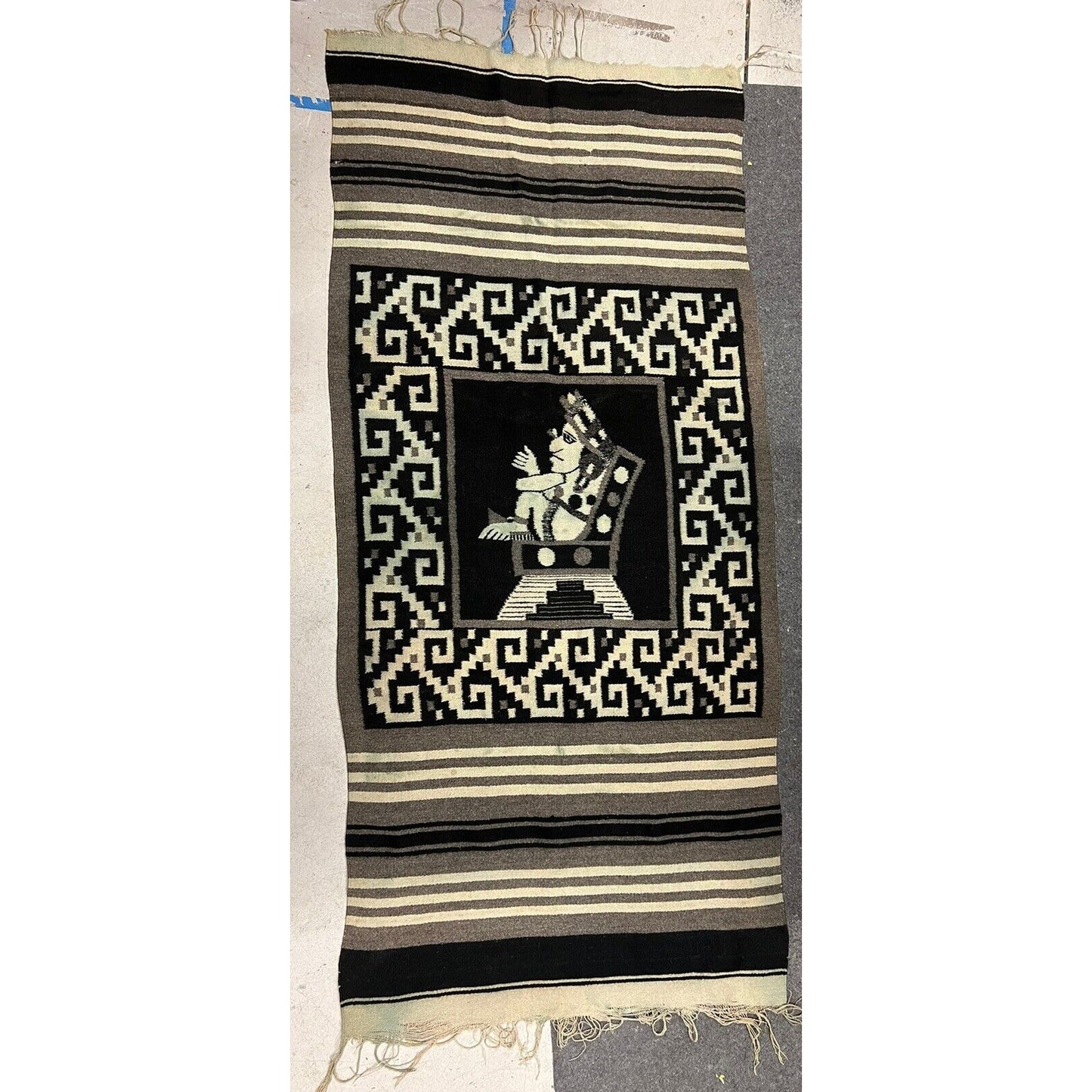 Vintage Aztec Figure Hand Woven Wool Rug, Tapestry, Blanket, Wrap 35”x76”