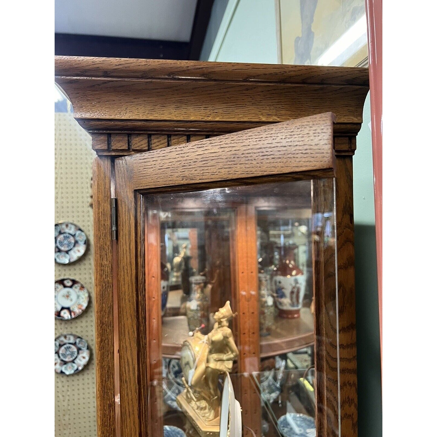 Vintage Philip Reinisch Lighted Oak Curio Cabinet Solid Wood Glass Shelves