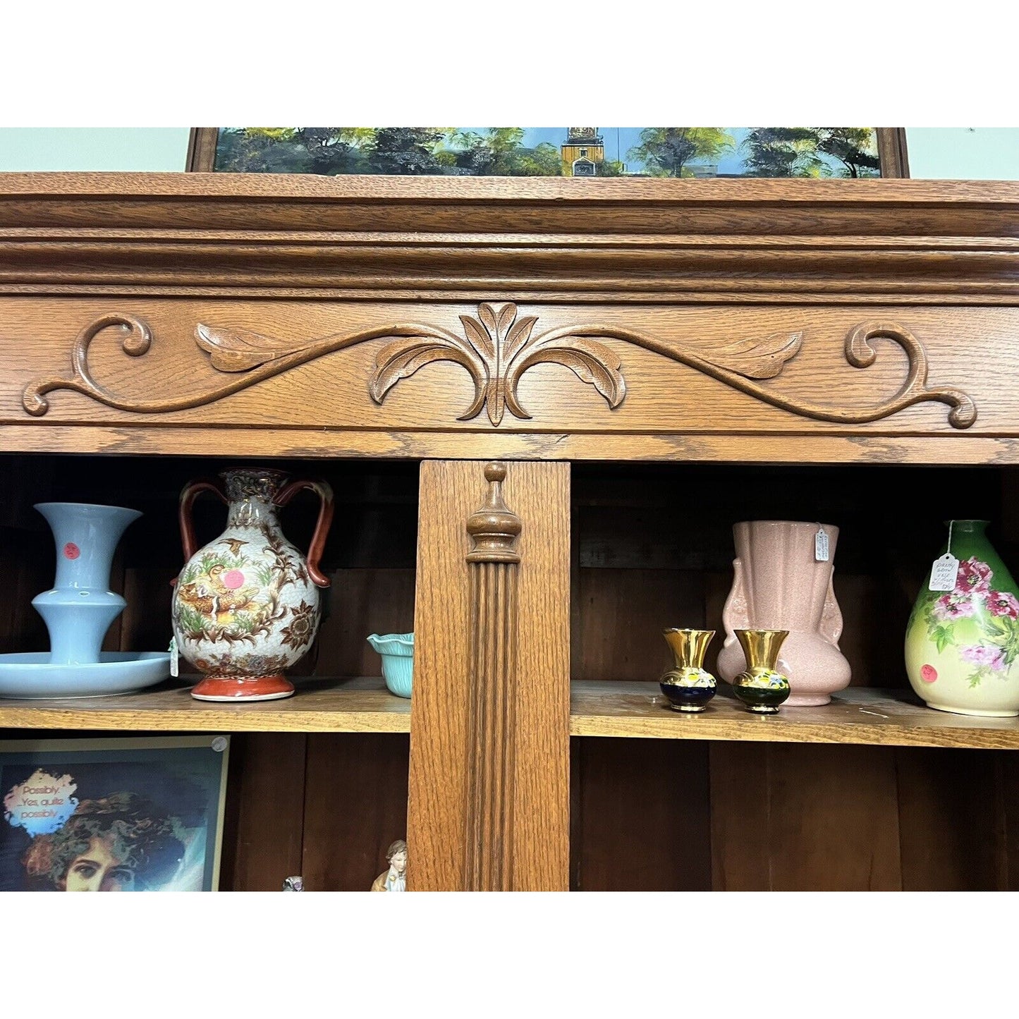 Antique Tall Double Door Oak Hutch Cabinet 7ft tall 53inch wide