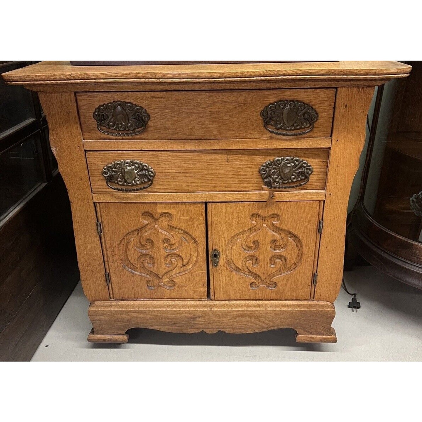 Antique Wash Stand w/2 Drawers, Lower Cabinet And Carved Doors