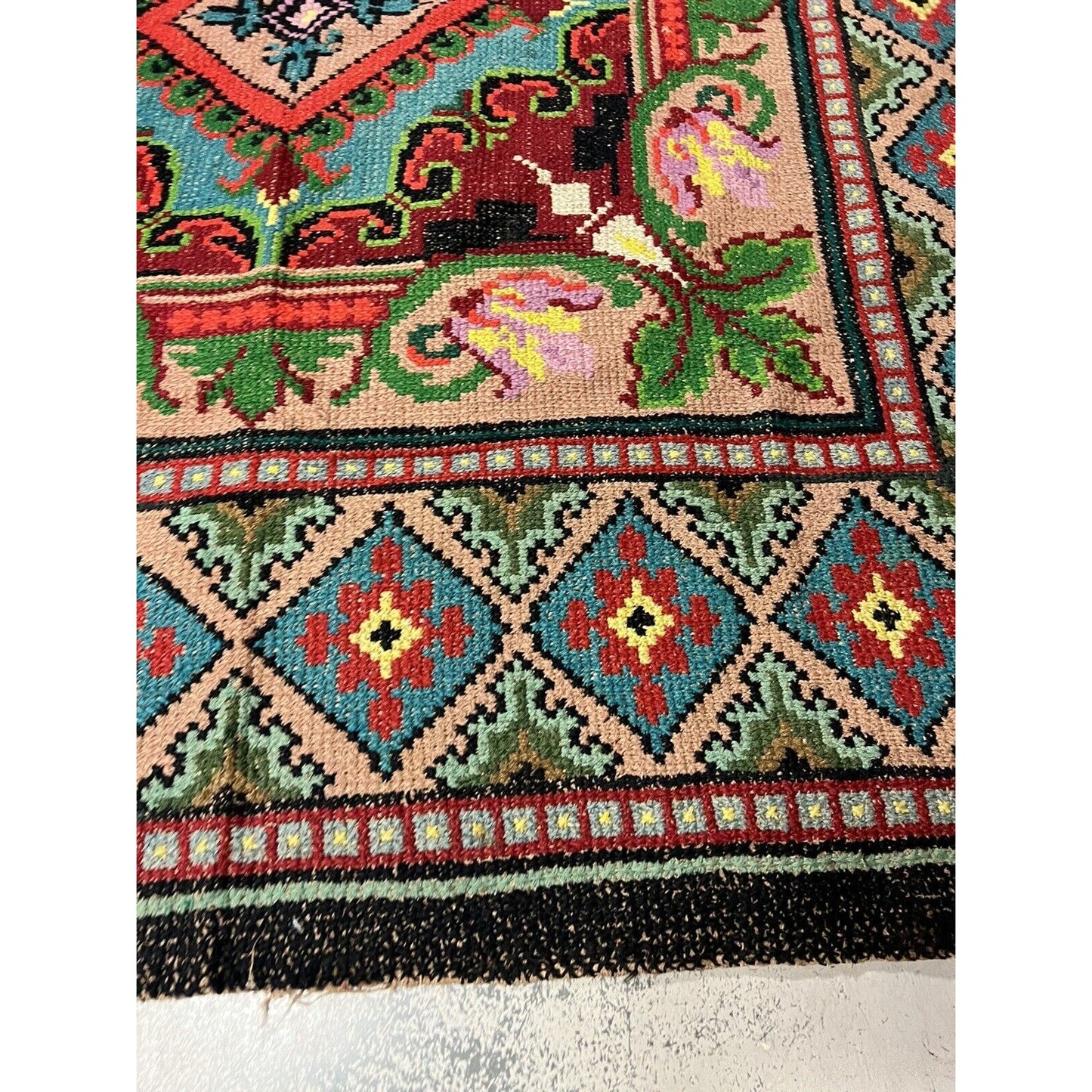 Antique 1920s Hook Folk Art Rug Bright Colors Rare Pattern 75”x69”