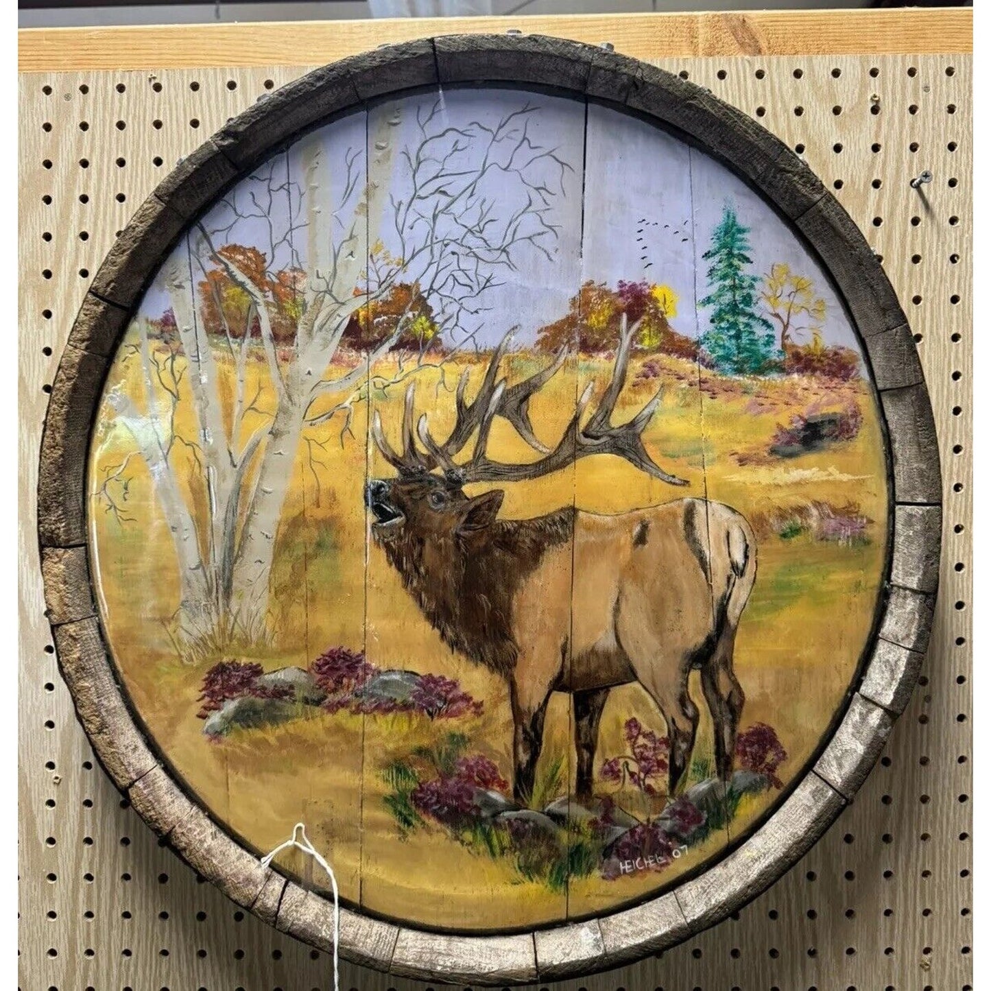 Hand Painted Elk In Woods Scene Painting Wall Hanging On Top Of Whiskey Barrel