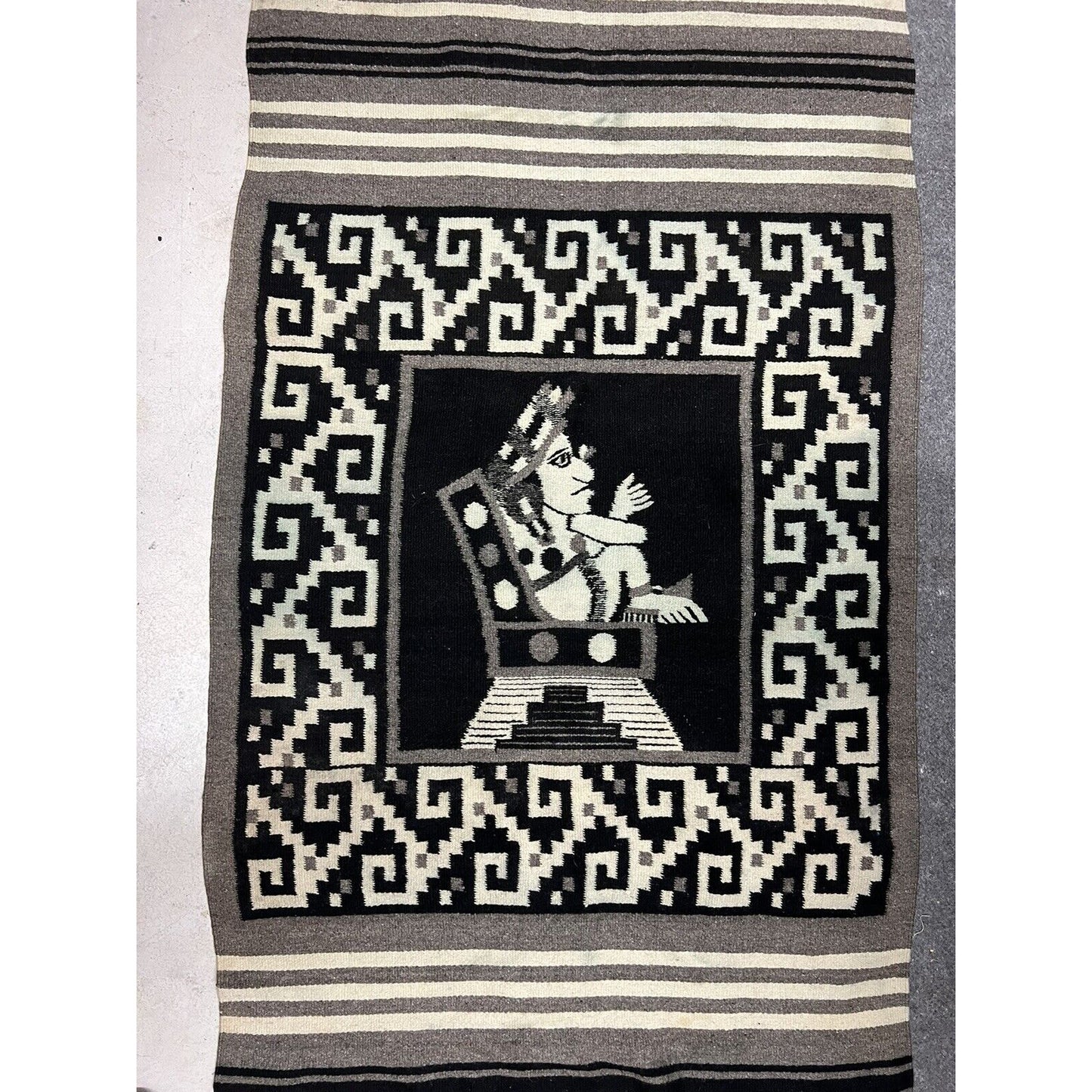 Vintage Aztec Figure Hand Woven Wool Rug, Tapestry, Blanket, Wrap 35”x76”