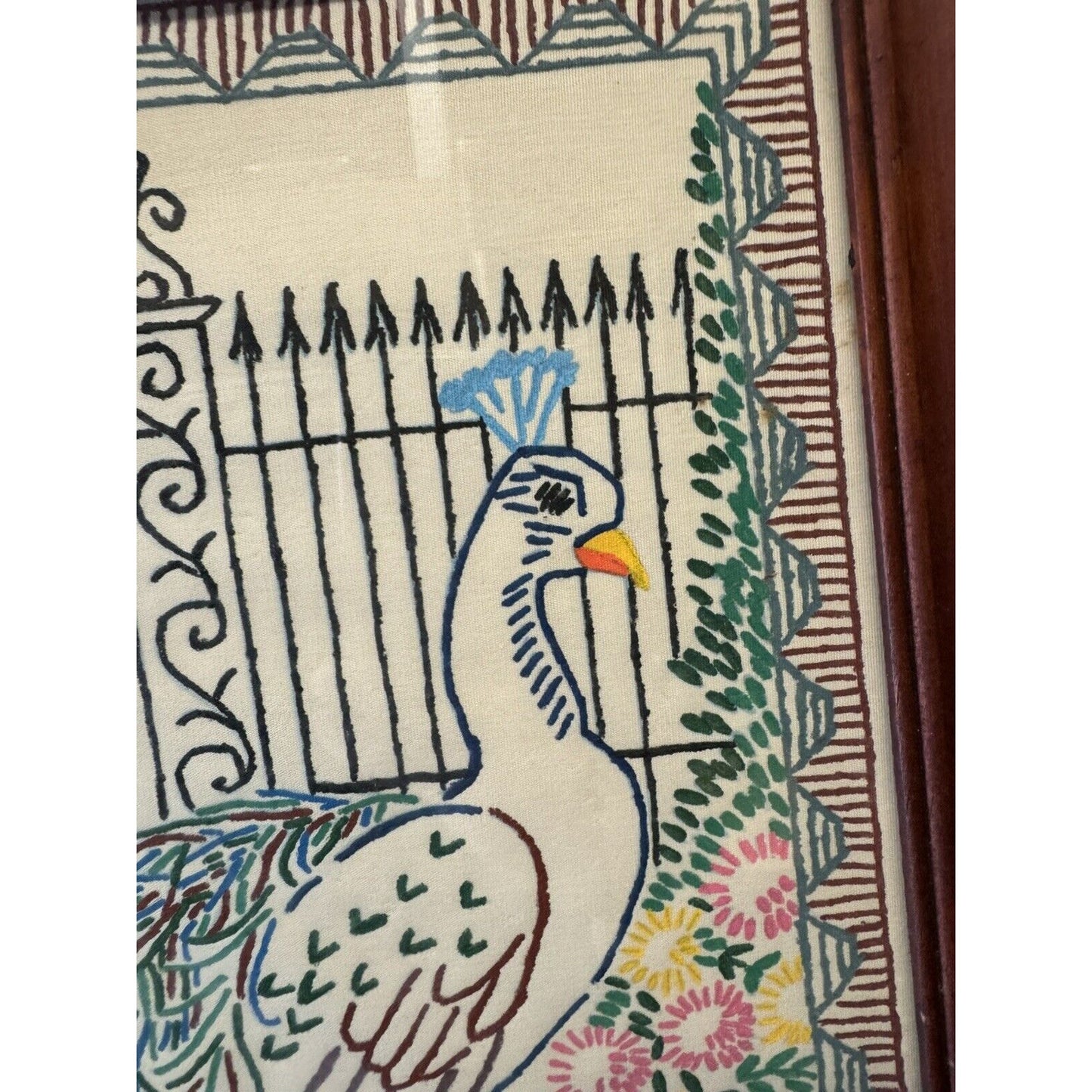 Vintage Artex Fabric Embroidery Paint, Painted Peacock Scene Picture