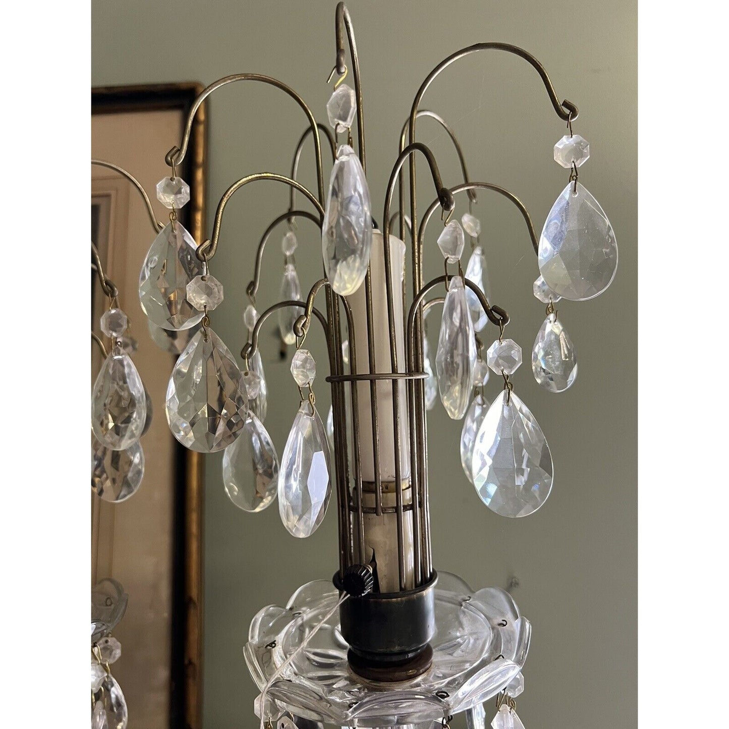 Pair Of Crystal Teardrop Marble Base With Cherubs Lamps