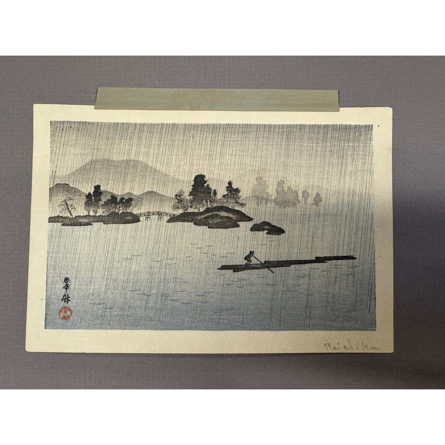 Mid 20th Century Woodblock Print Raft In The Rain By Raichiku Japan