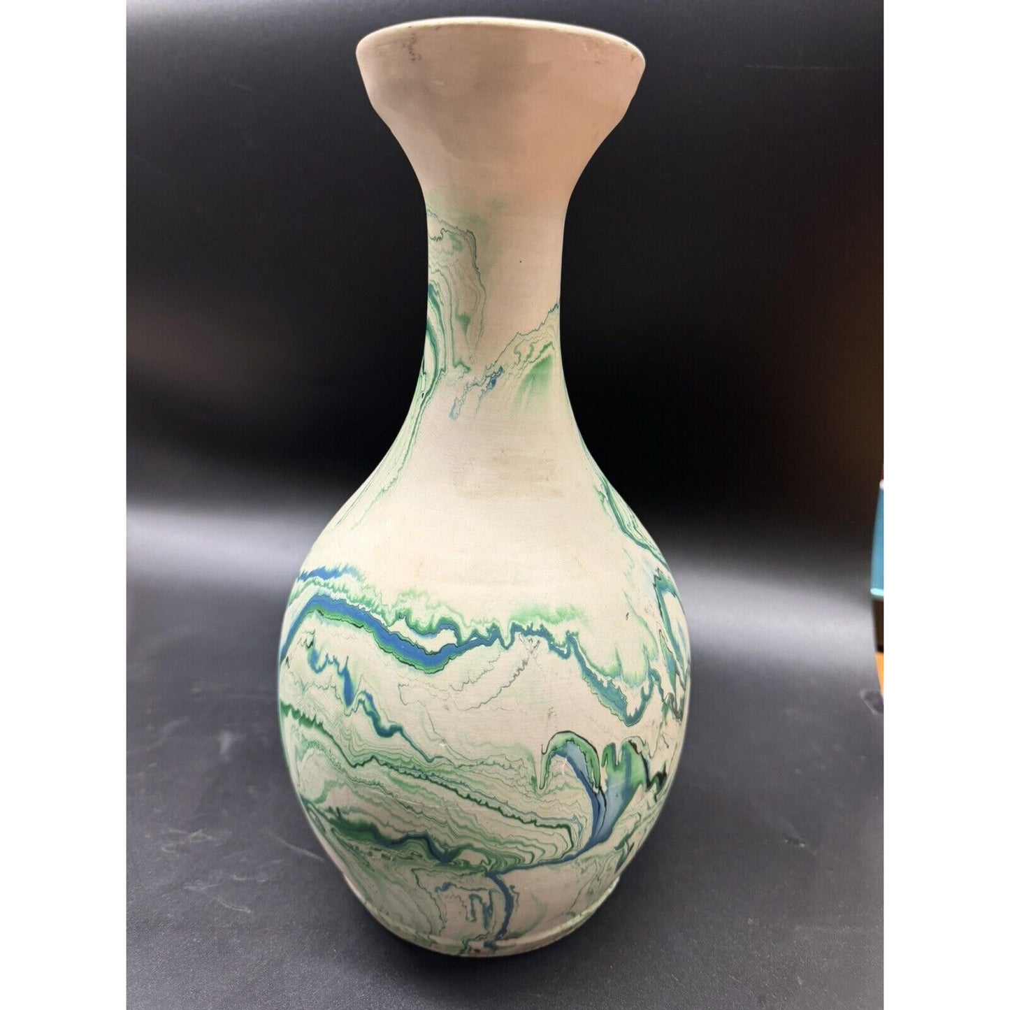 Vtg. Nemadji Pottery USA 12” Vase With Blue, Green &White Swirls American Art