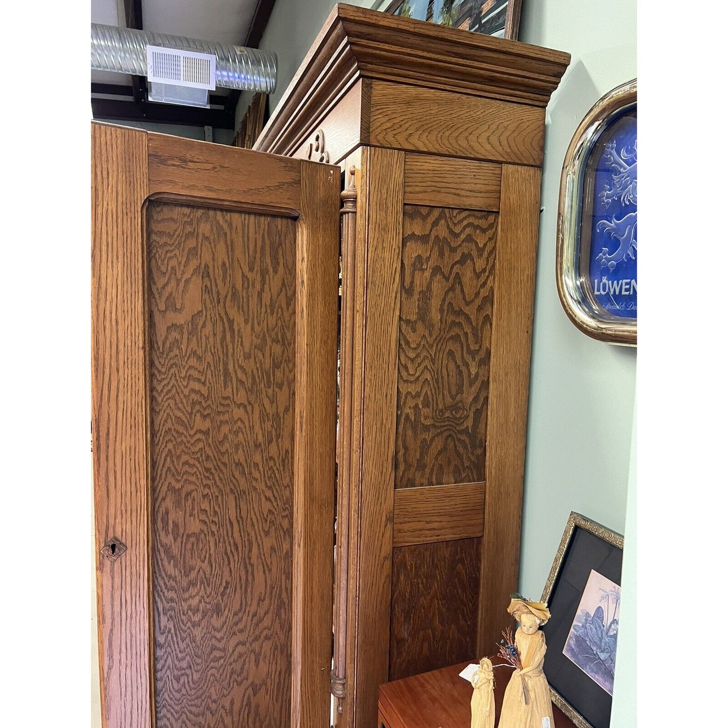 Antique Tall Double Door Oak Hutch Cabinet 7ft tall 53inch wide