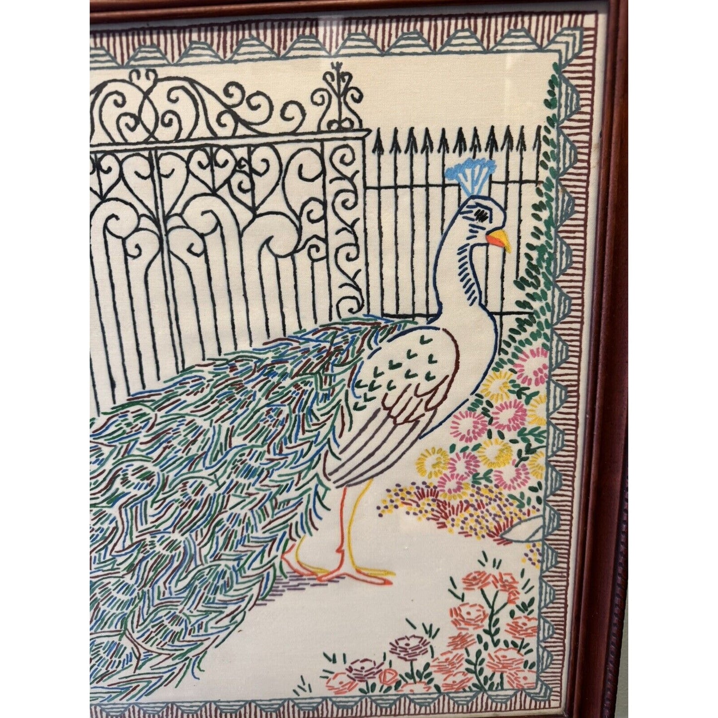 Vintage Artex Fabric Embroidery Paint, Painted Peacock Scene Picture