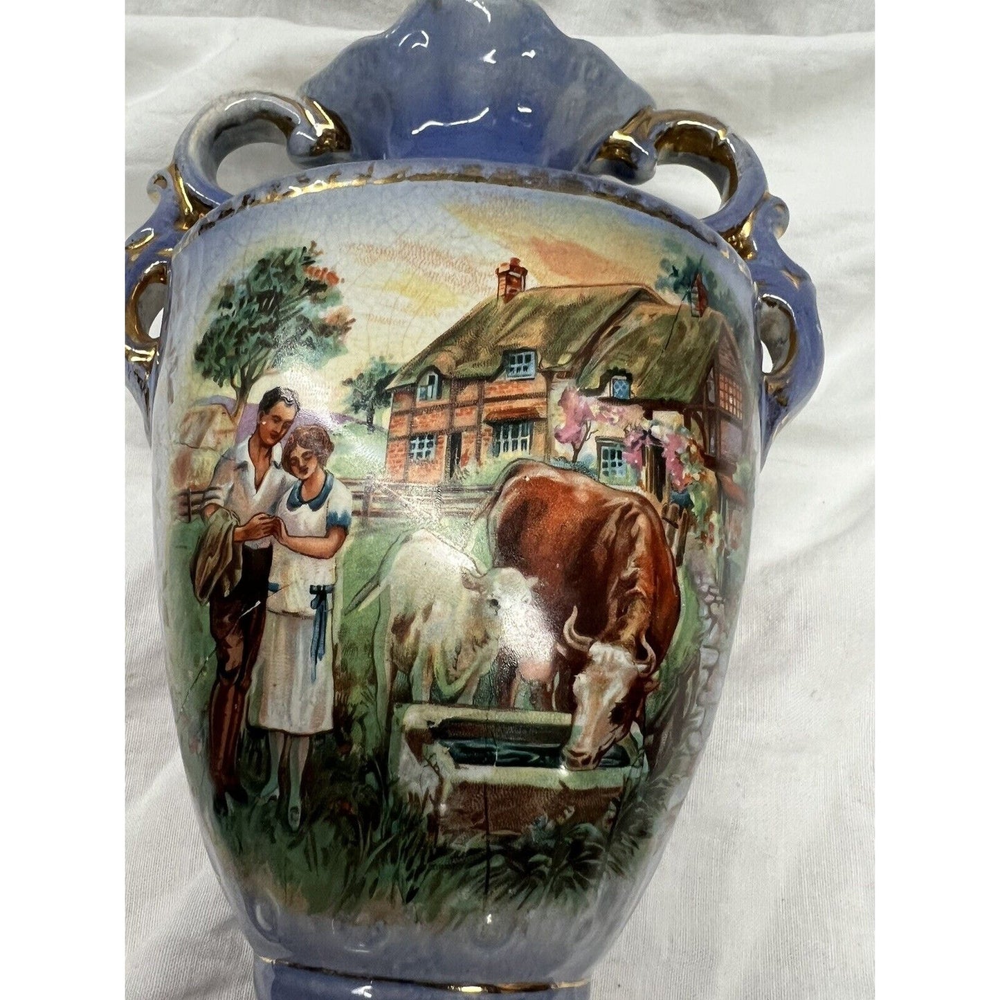 Made In England Blue Vase With Farm Scene