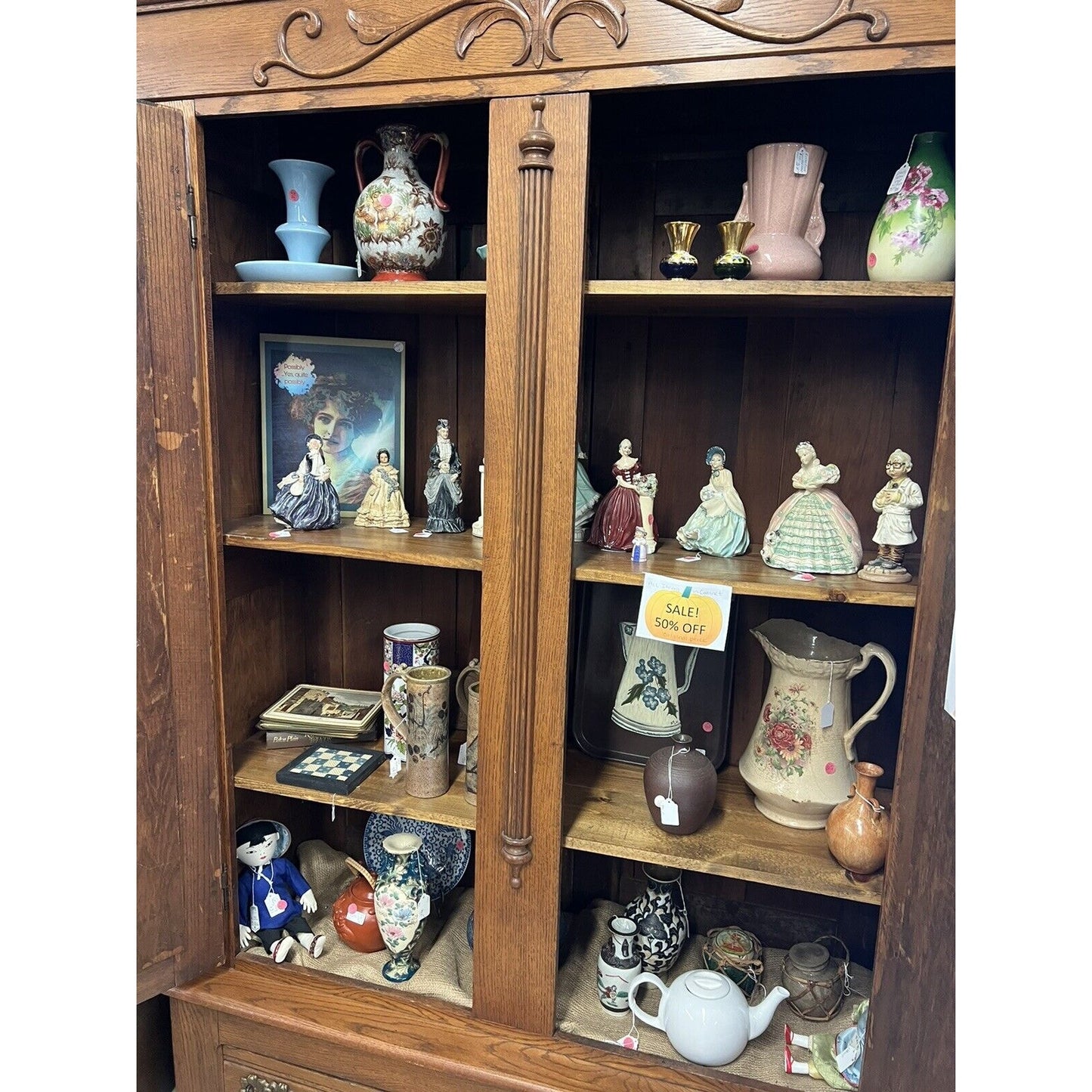 Antique Tall Double Door Oak Hutch Cabinet 7ft tall 53inch wide