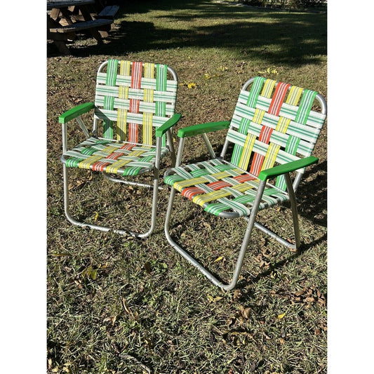 Vintage Aluminum Folding Lawn Chairs Green, Yellow, Orange Webbing Set Of 2