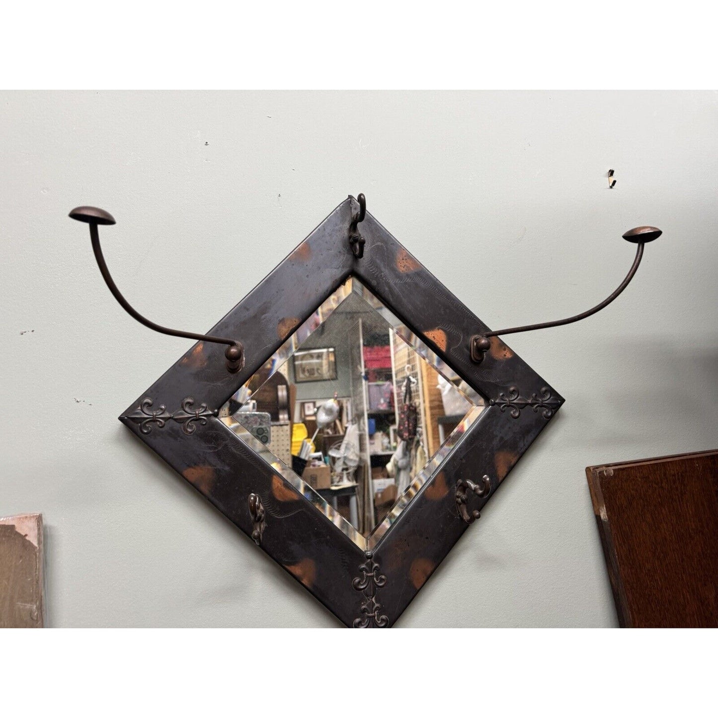 Late 19th Century Copper Flash Beveled Mirror With Coat And Hat Racks