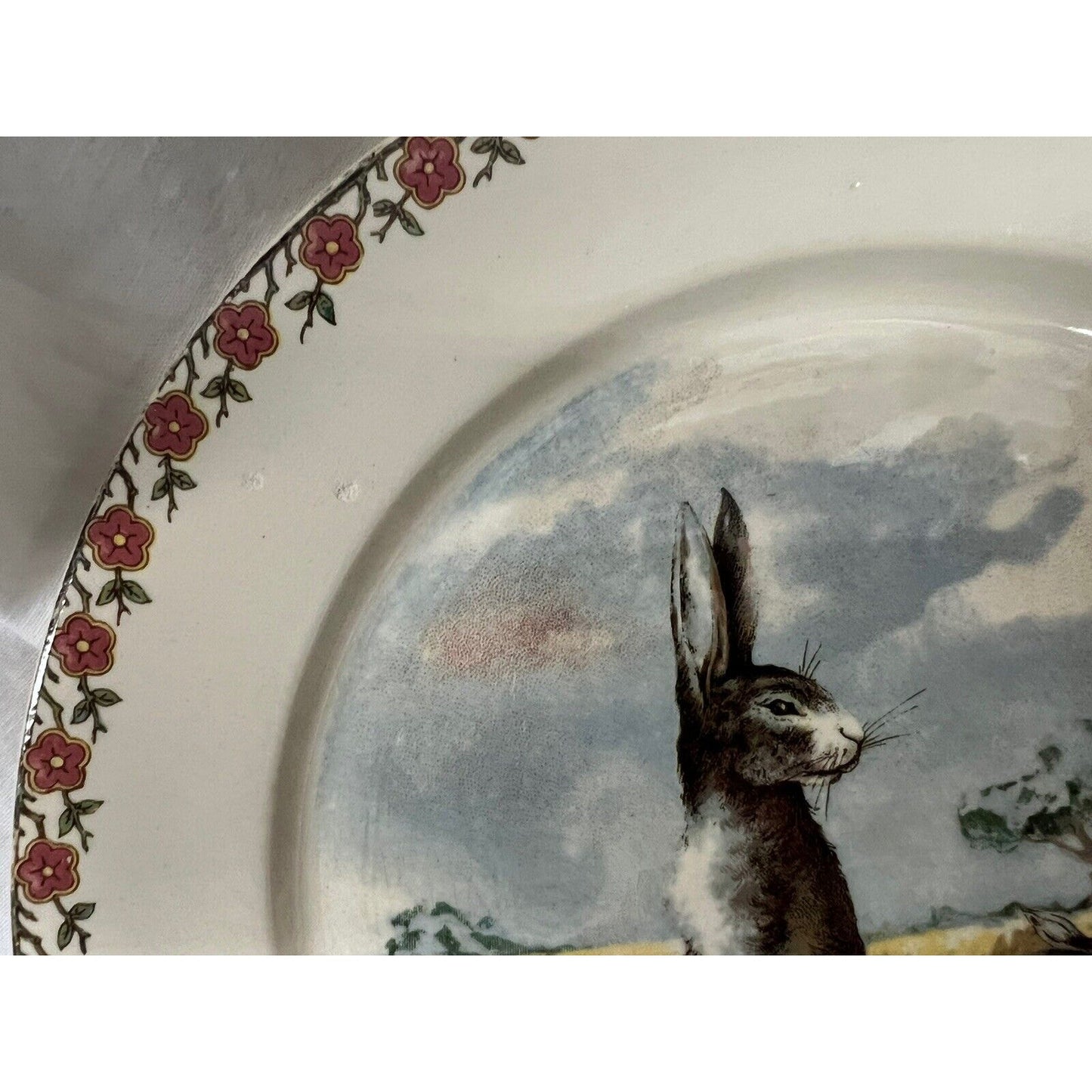 1890s Sarregvemines Germany Rabbit In Field Transferware Luncheon Plate