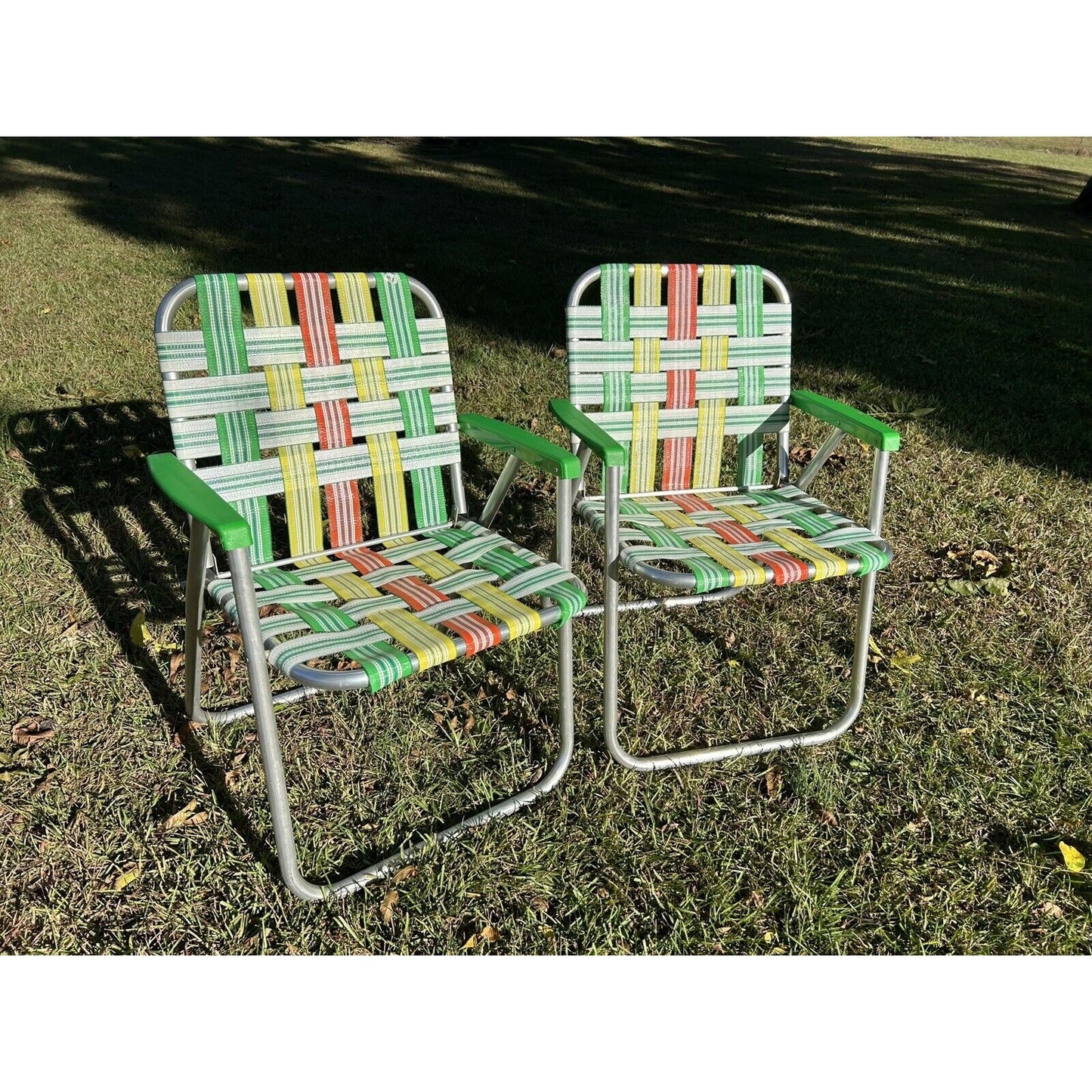 Vintage Aluminum Folding Lawn Chairs Green, Yellow, Orange Webbing Set Of 2