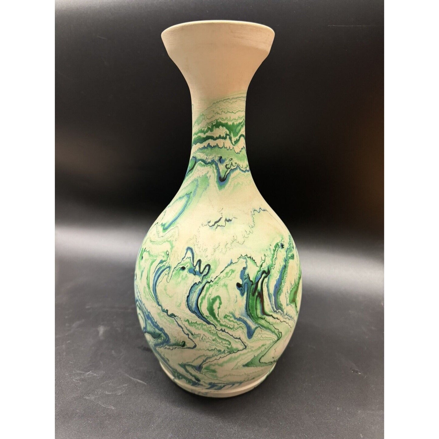 Vtg. Nemadji Pottery USA 12” Vase With Blue, Green &White Swirls American Art