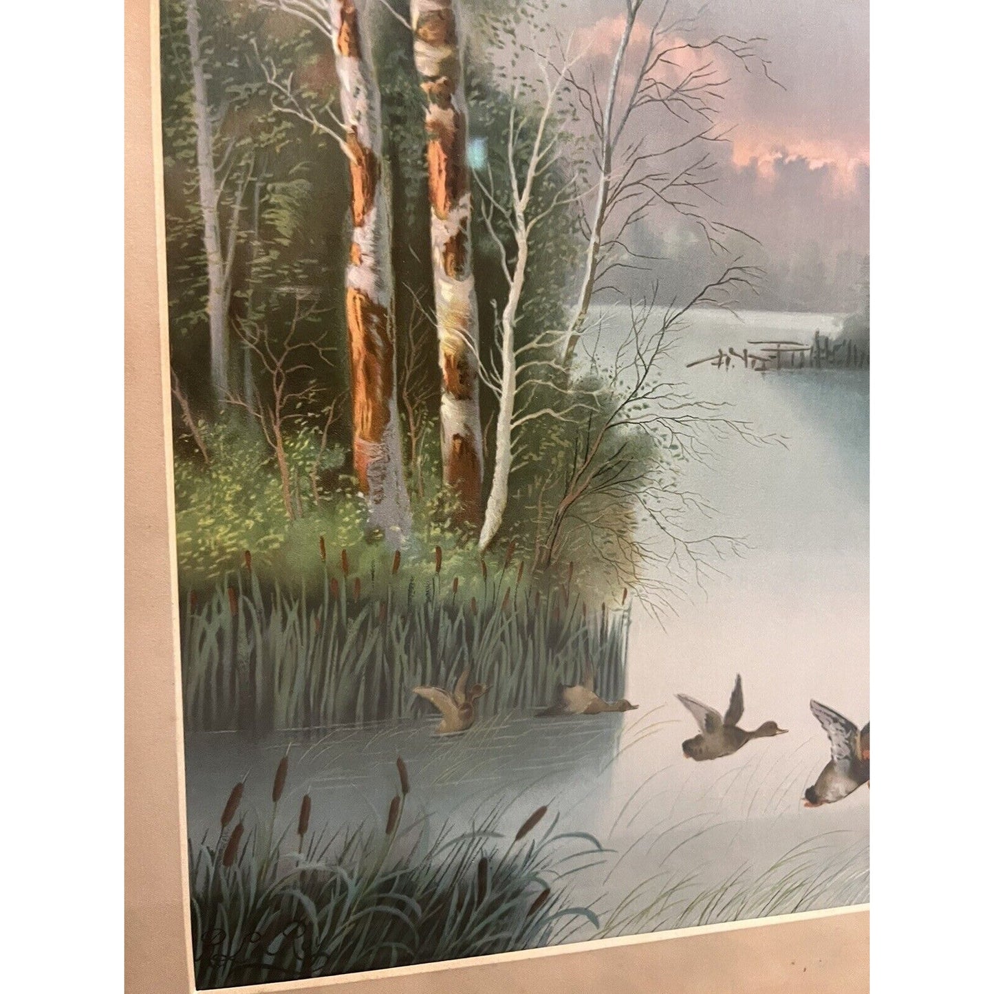 Antique Lithoprint By R. LeRoy Framed, Matted, Signed Of Ducks On A Pond