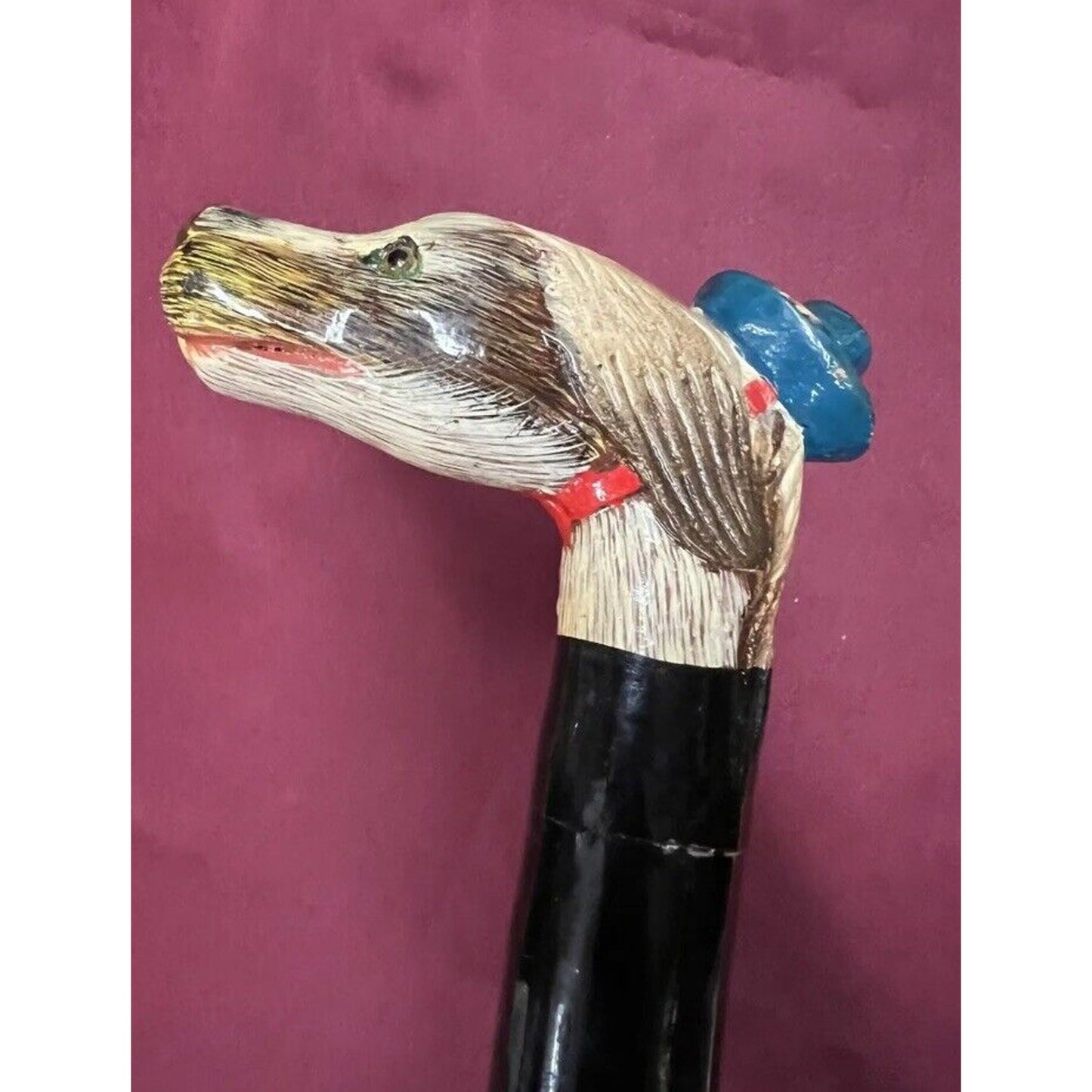 Antique American Folk Art Bamboo Hand Carved, Hand Painted Dog Head Walking Cane