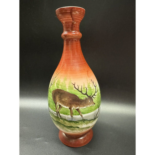 Vintage Hand painted Glass Vase With A Stag In The Forest