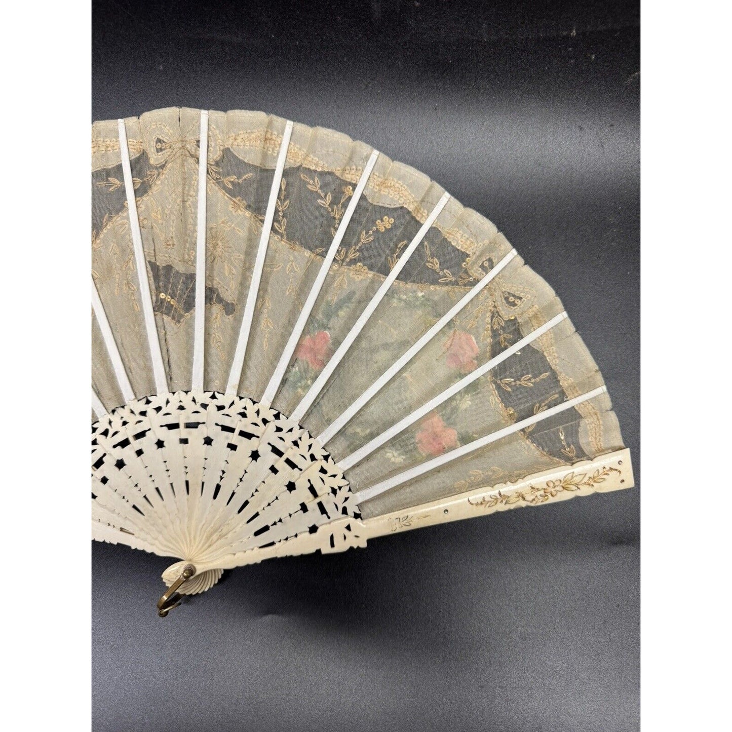 Antique 1800s Hand Painted Lace & Carved Ivorine Hand Fan