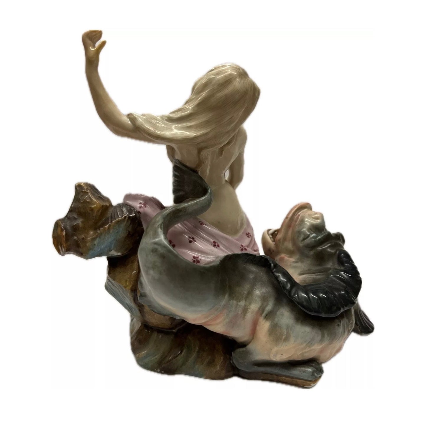 Early Rare Antique Carl Thieme German Porcelain Dresden Meissen Style Woman with Sea Serpent Figurine