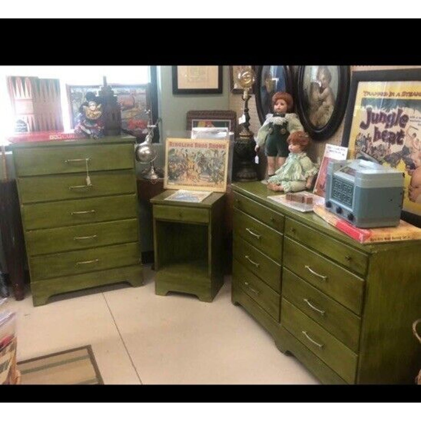 Vintage MCM Green 3 Piece Bedroom Set Dresser, Nightstand, Chest Of Drawers