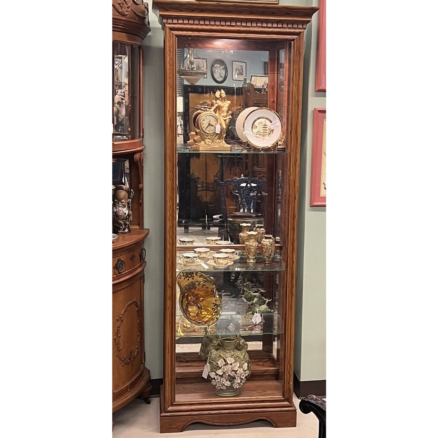 Vintage Philip Reinisch Lighted Oak Curio Cabinet Solid Wood Glass Shelves