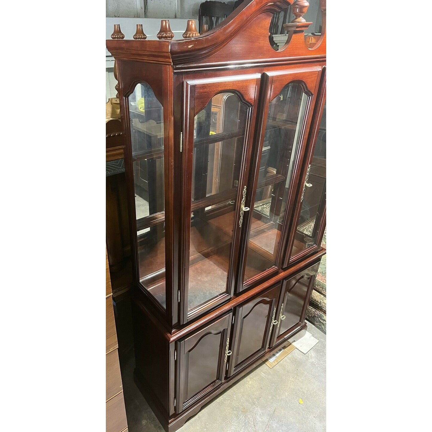 Federal Style Cherry China Hutch Cabinet. Broken Pediment. W/ Display Lights