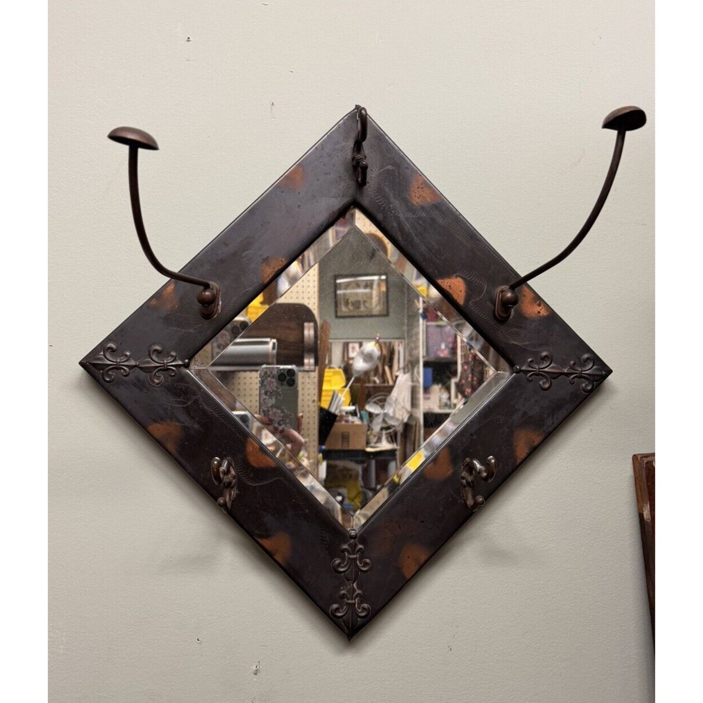 Late 19th Century Copper Flash Beveled Mirror With Coat And Hat Racks