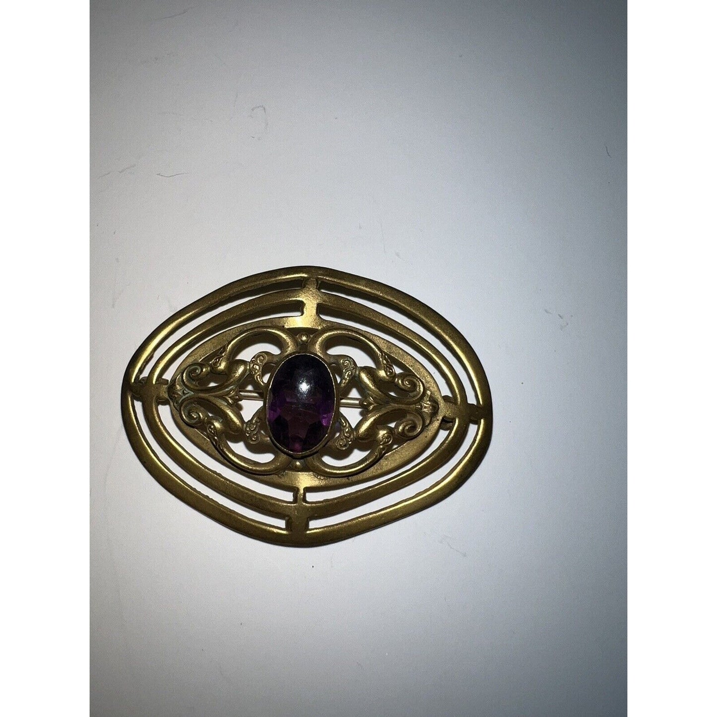 Antique Art Nouveau Brooch Gold Plated With Purple Gemstone