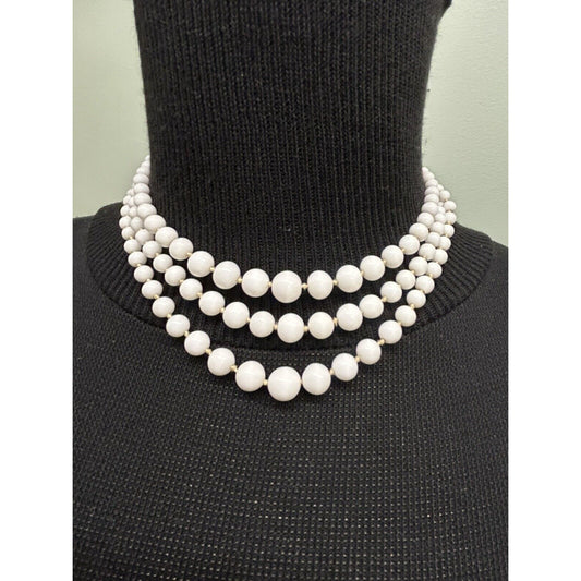 Vintage “Castle Cliff” 3 Strand Milk Glass Bead Choker Elaborate Clasps