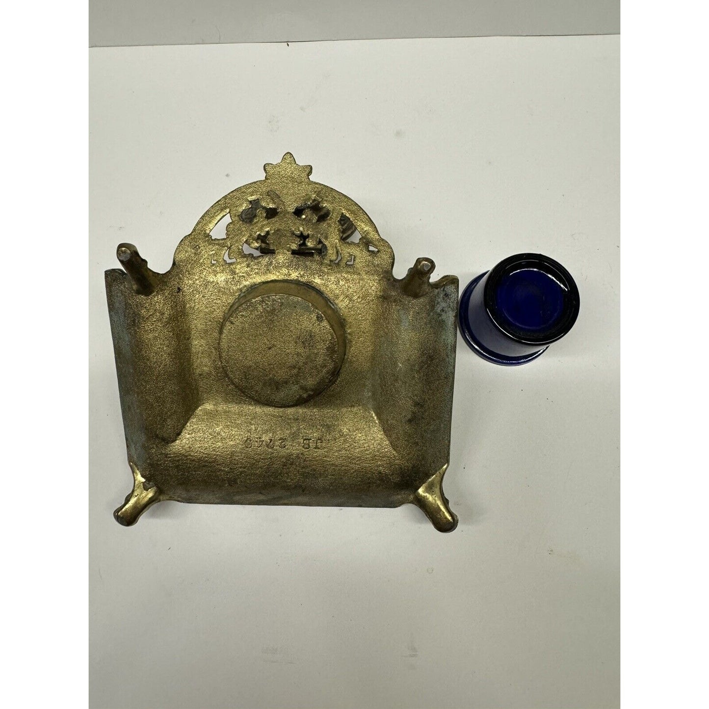 Antique Victorian Jennings Brothers Inkwell With Blue Glass Insert