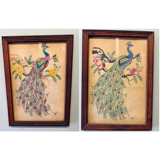 Two Vintage Artex Embroidery Paint, Peacock Pictures Framed