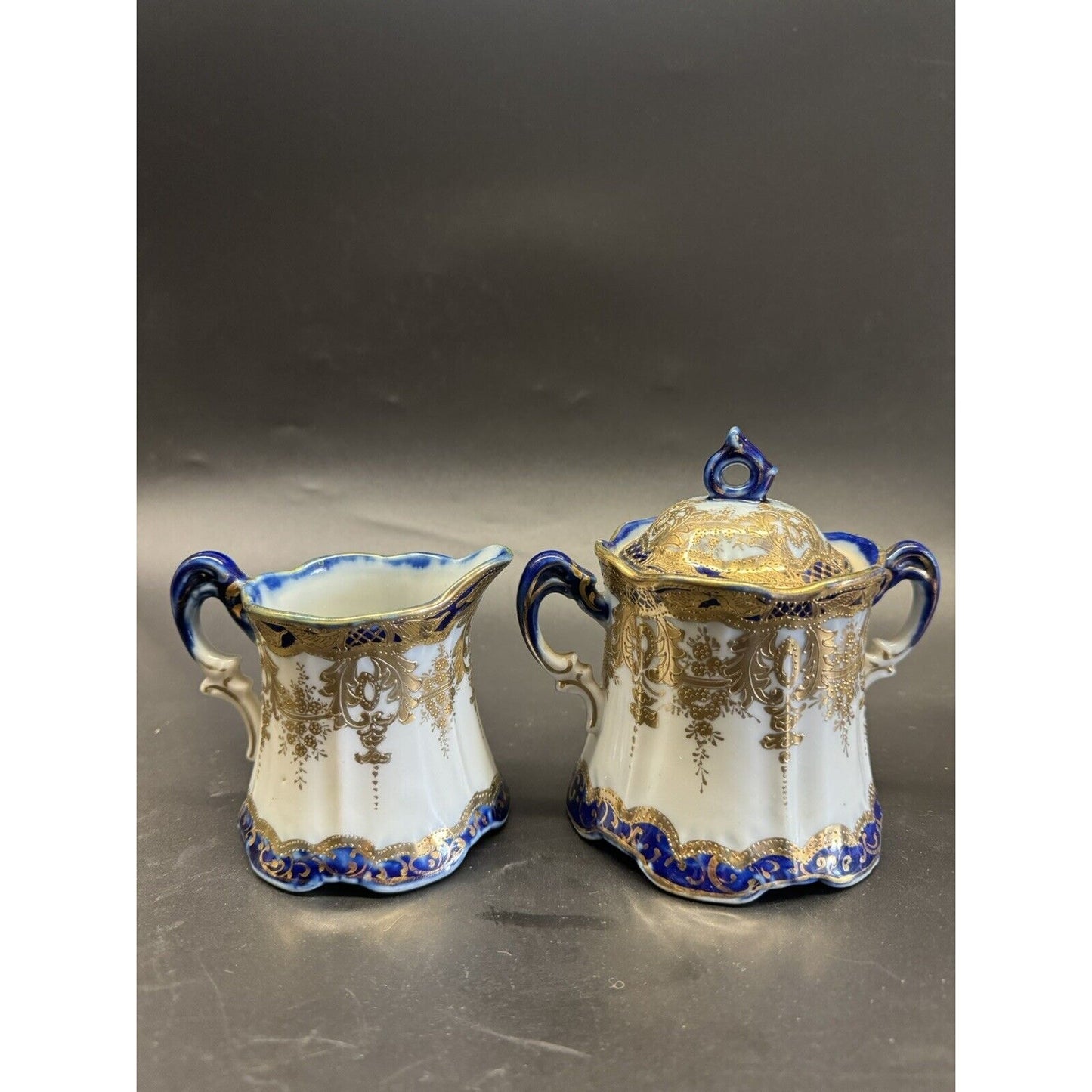 Antique Nippon Teapot With Sugar Bowl & Creamer Cobalt Blue w/ White & Gilding