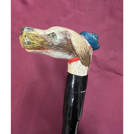 Antique American Folk Art Bamboo Hand Carved, Hand Painted Dog Head Walking Cane