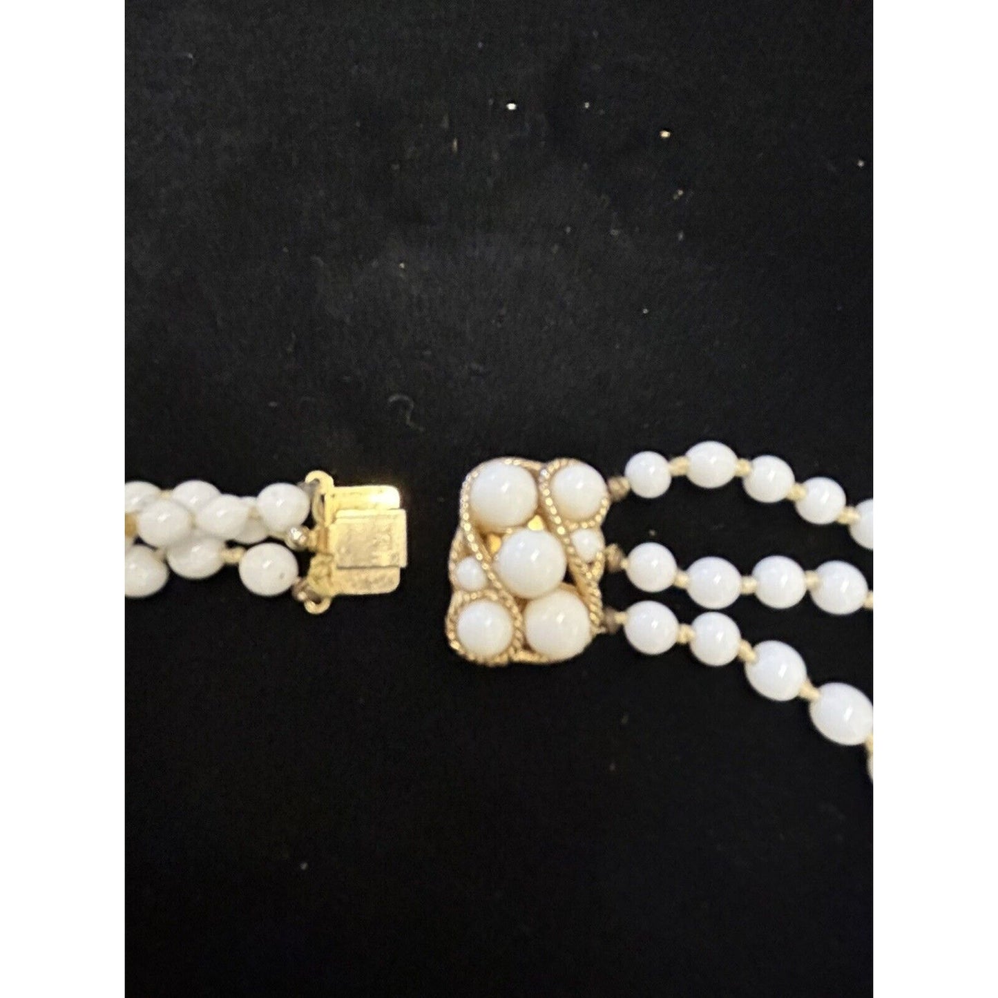 Vintage “Castle Cliff” 3 Strand Milk Glass Bead Choker Elaborate Clasps