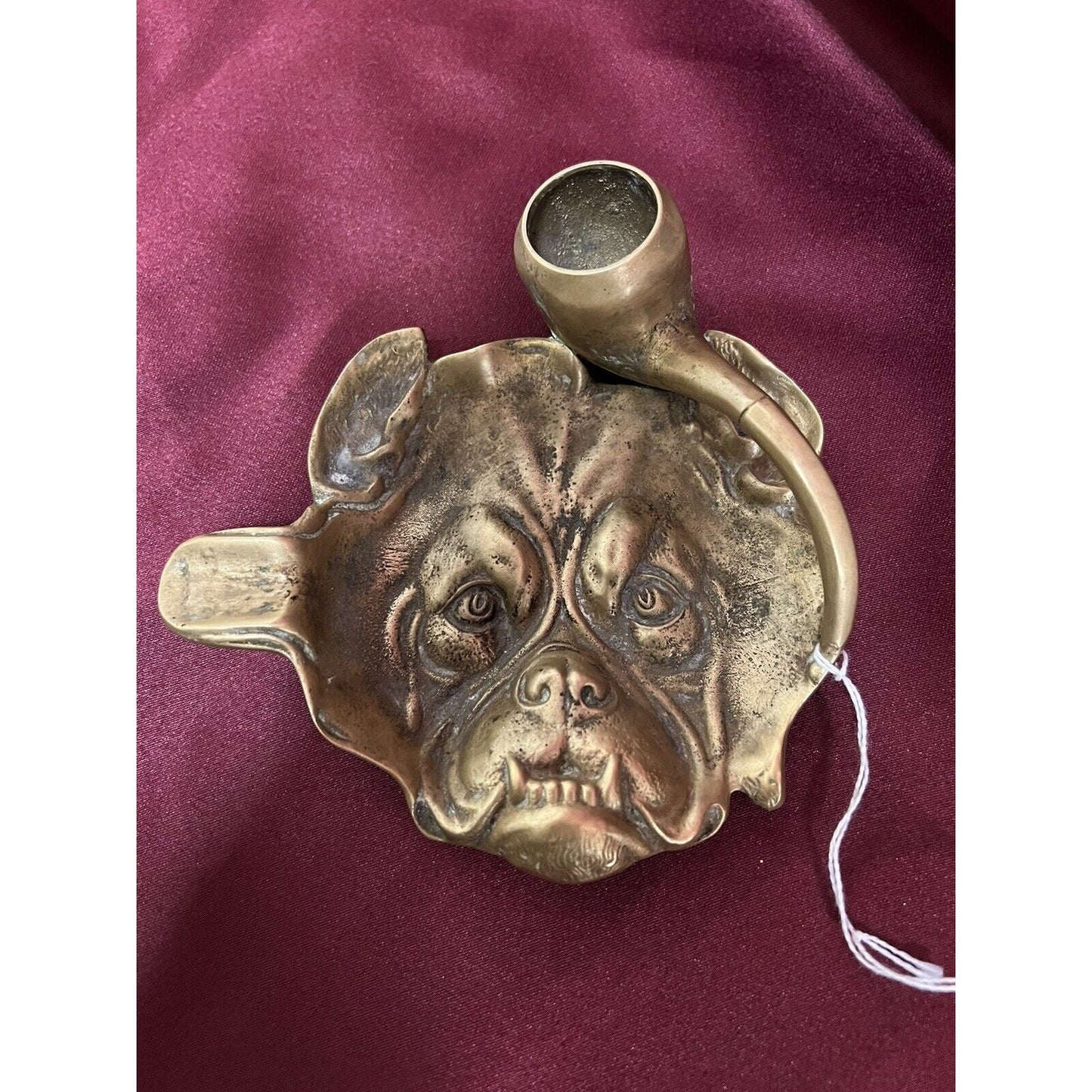 Antique Brass Bulldog Head Novelty Pipe/Cigar Ashtray Dish Match Holder