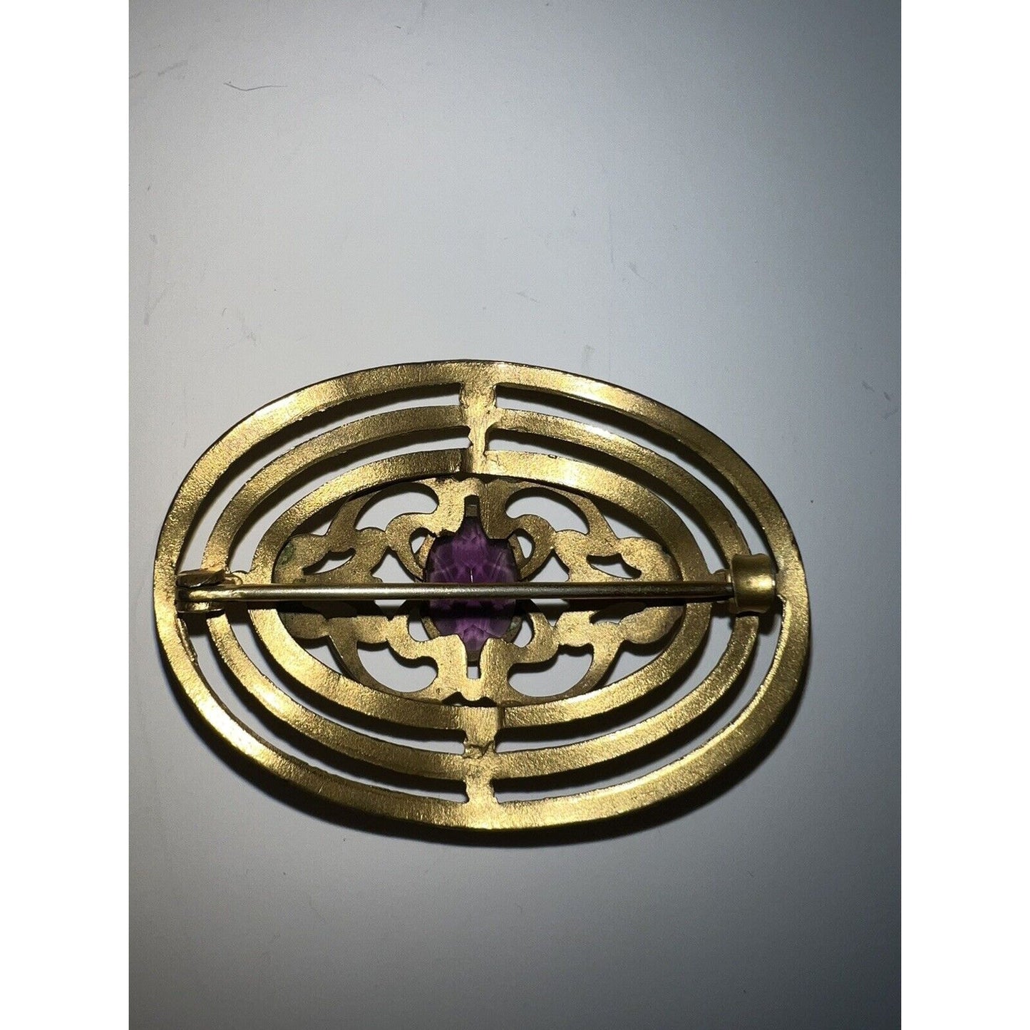 Antique Art Nouveau Brooch Gold Plated With Purple Gemstone