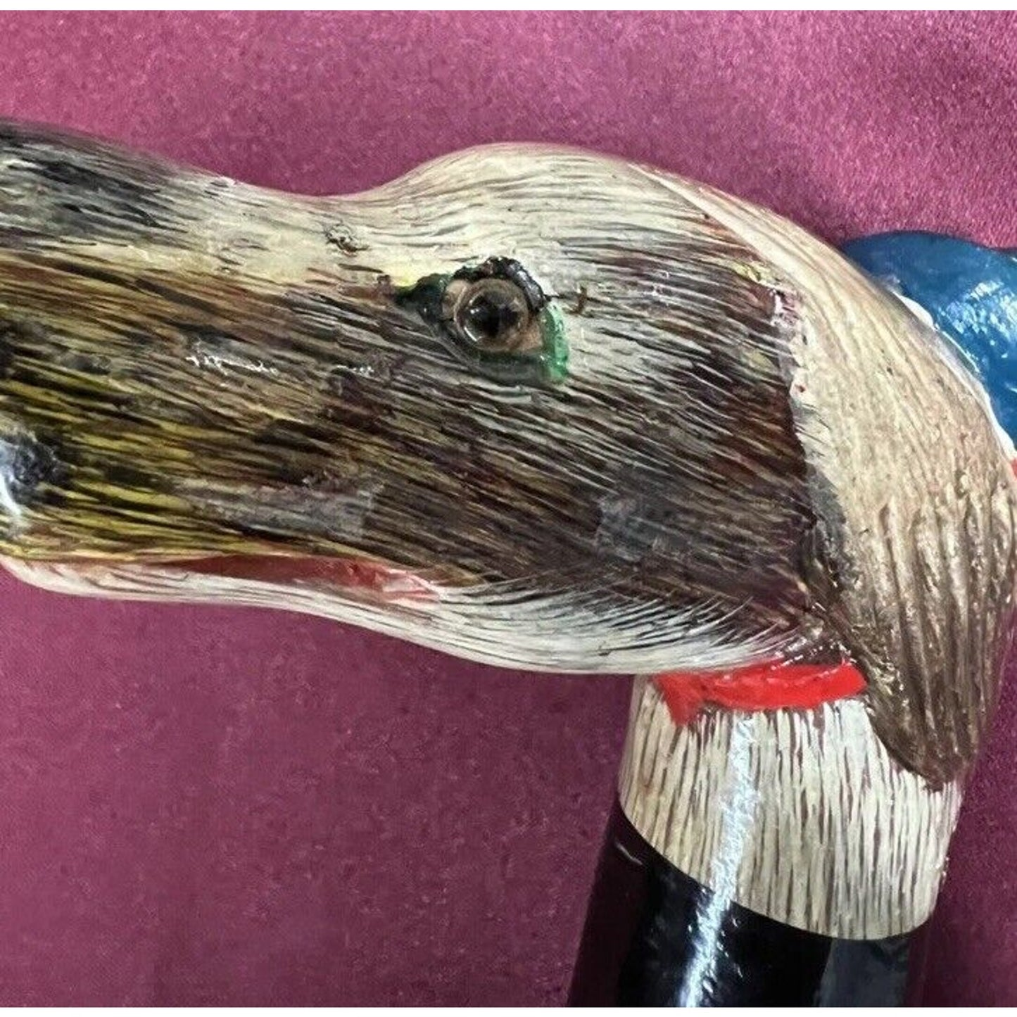 Antique American Folk Art Bamboo Hand Carved, Hand Painted Dog Head Walking Cane