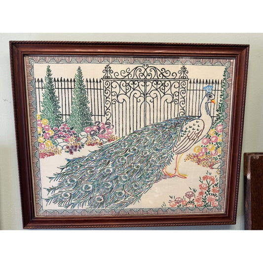 Vintage Artex Fabric Embroidery Paint, Painted Peacock Scene Picture