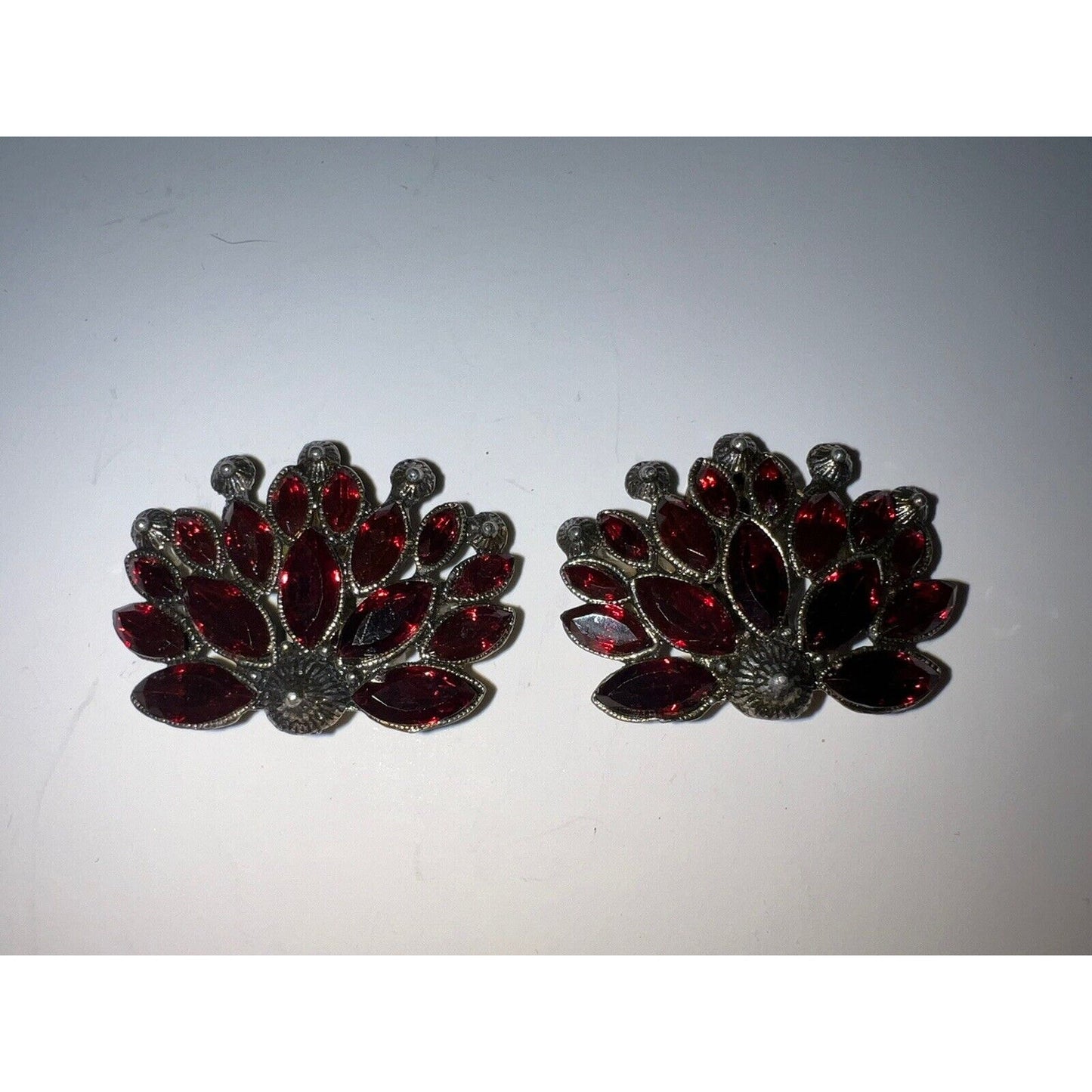 Antique Red Gemstones Silver Tones Peacock Shoe Clips