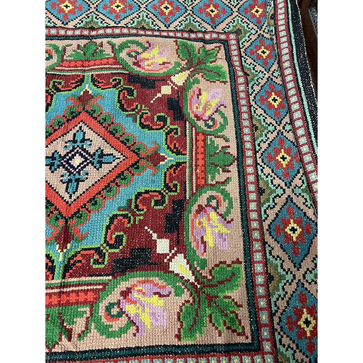 Antique 1920s Hook Folk Art Rug Bright Colors Rare Pattern 75”x69”