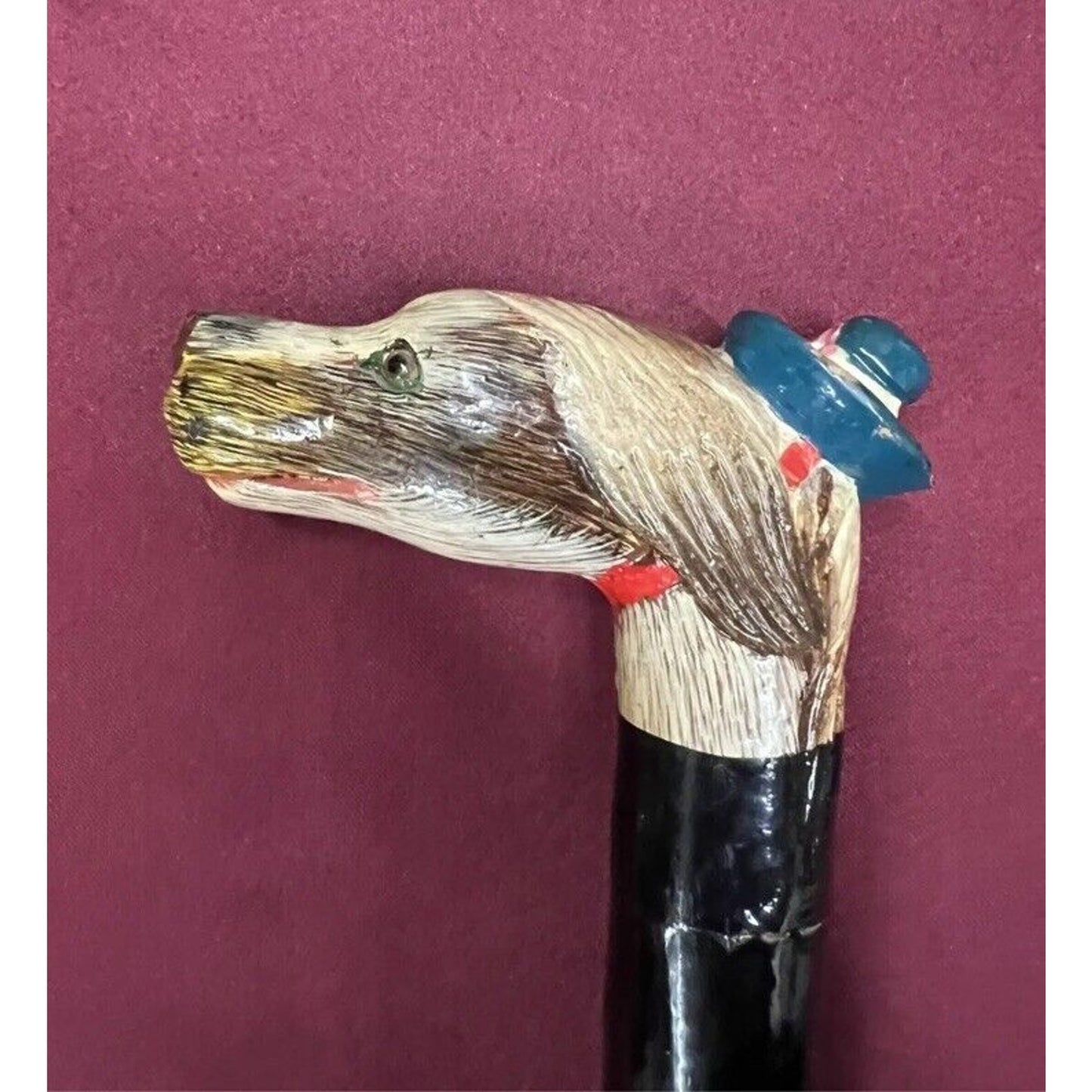 Antique American Folk Art Bamboo Hand Carved, Hand Painted Dog Head Walking Cane