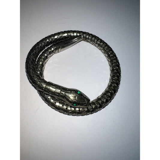 Vintage Gold & Silver Tone Serpent Coil Bracket With Green Gemstone Eyes