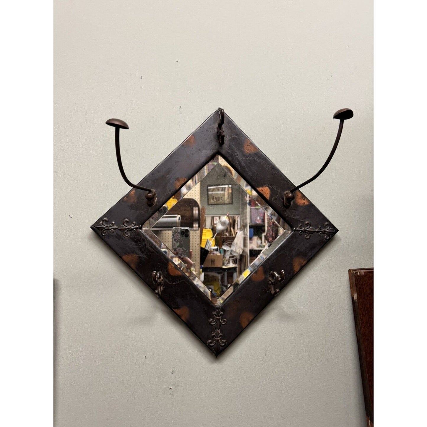 Late 19th Century Copper Flash Beveled Mirror With Coat And Hat Racks