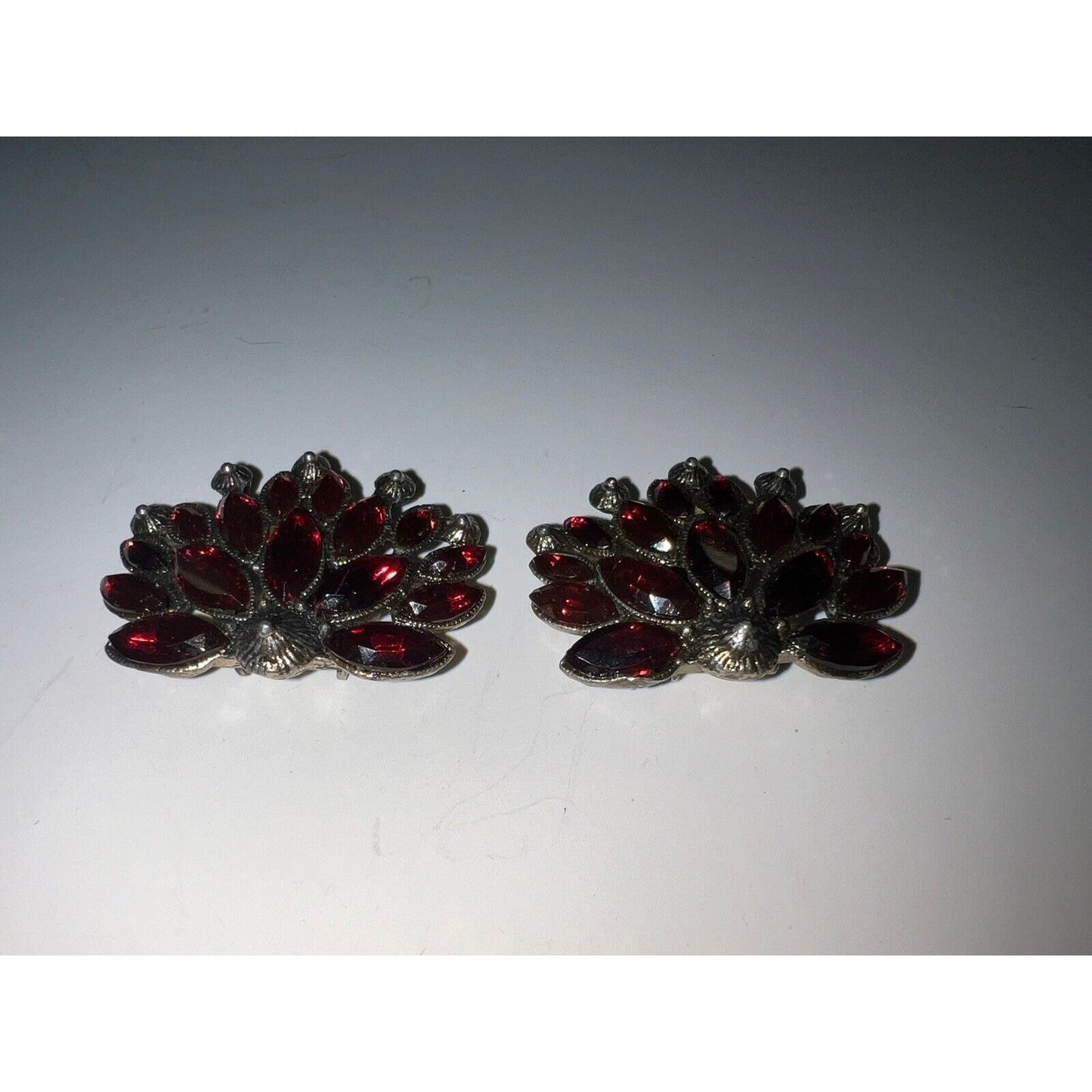 Antique Red Gemstones Silver Tones Peacock Shoe Clips