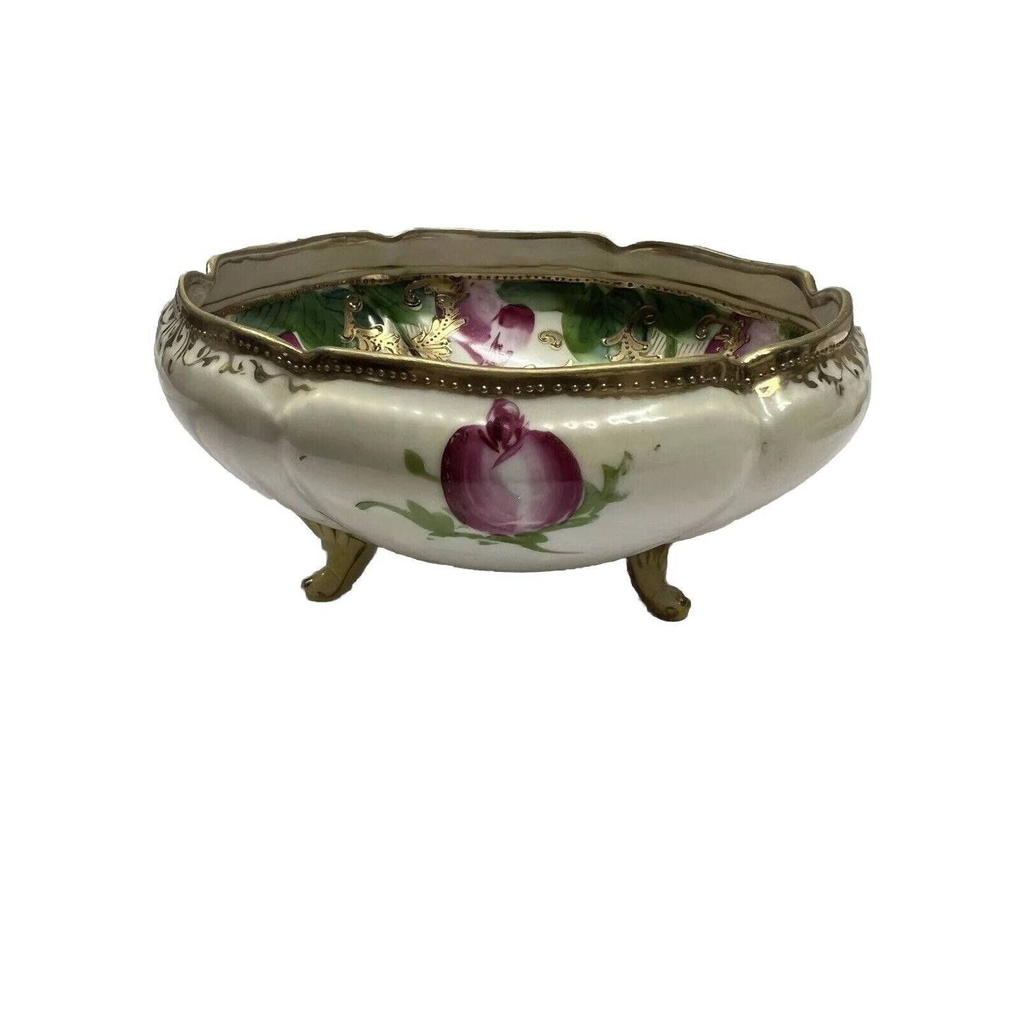 Antique Nippon 3 Footed Bowl With Gilding And Dark Pink Flowers